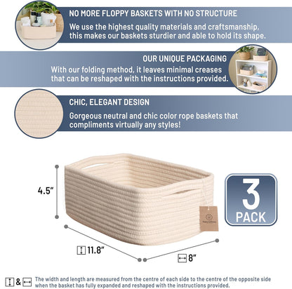 NaturalCozy 11.8"x8"x4.5” Storage Baskets for Shelves 3 Pack | Cotton Rope Woven Small Baskets for