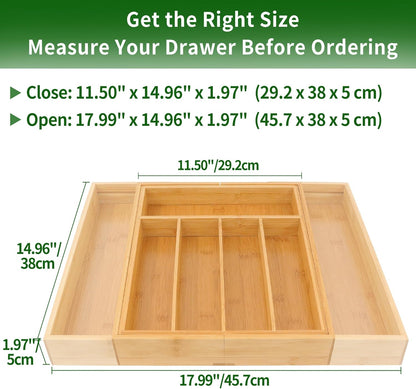 VaeFae Bamboo Drawer Organizer, Expandable Silverware Drawer Organizer, Cutlery Tray with Dividers