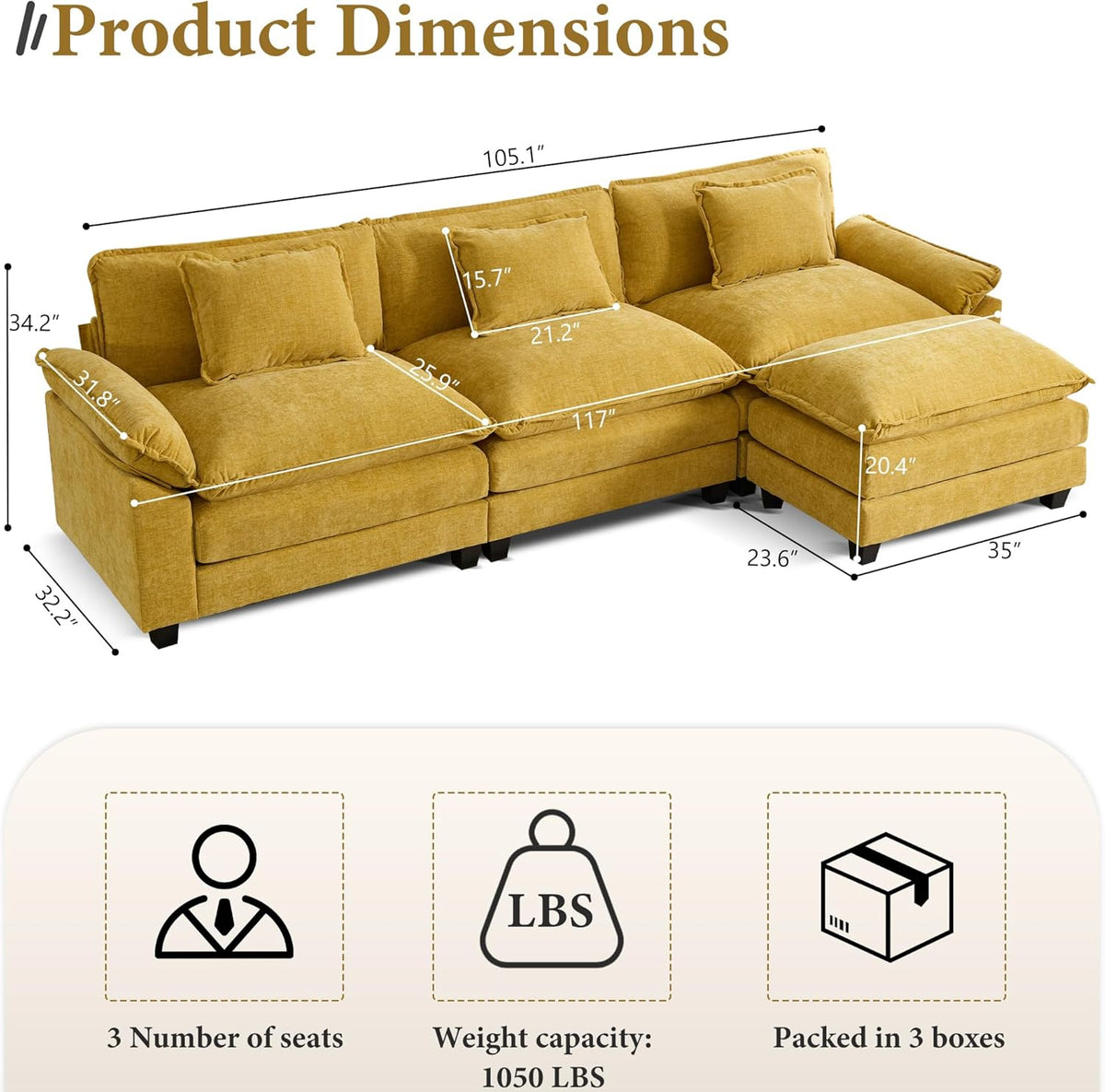 URRED Modular Sectional Sofa Comfy Cloud Couch, Modern Chenille Sofa Sleeper Deep Seat Couches with