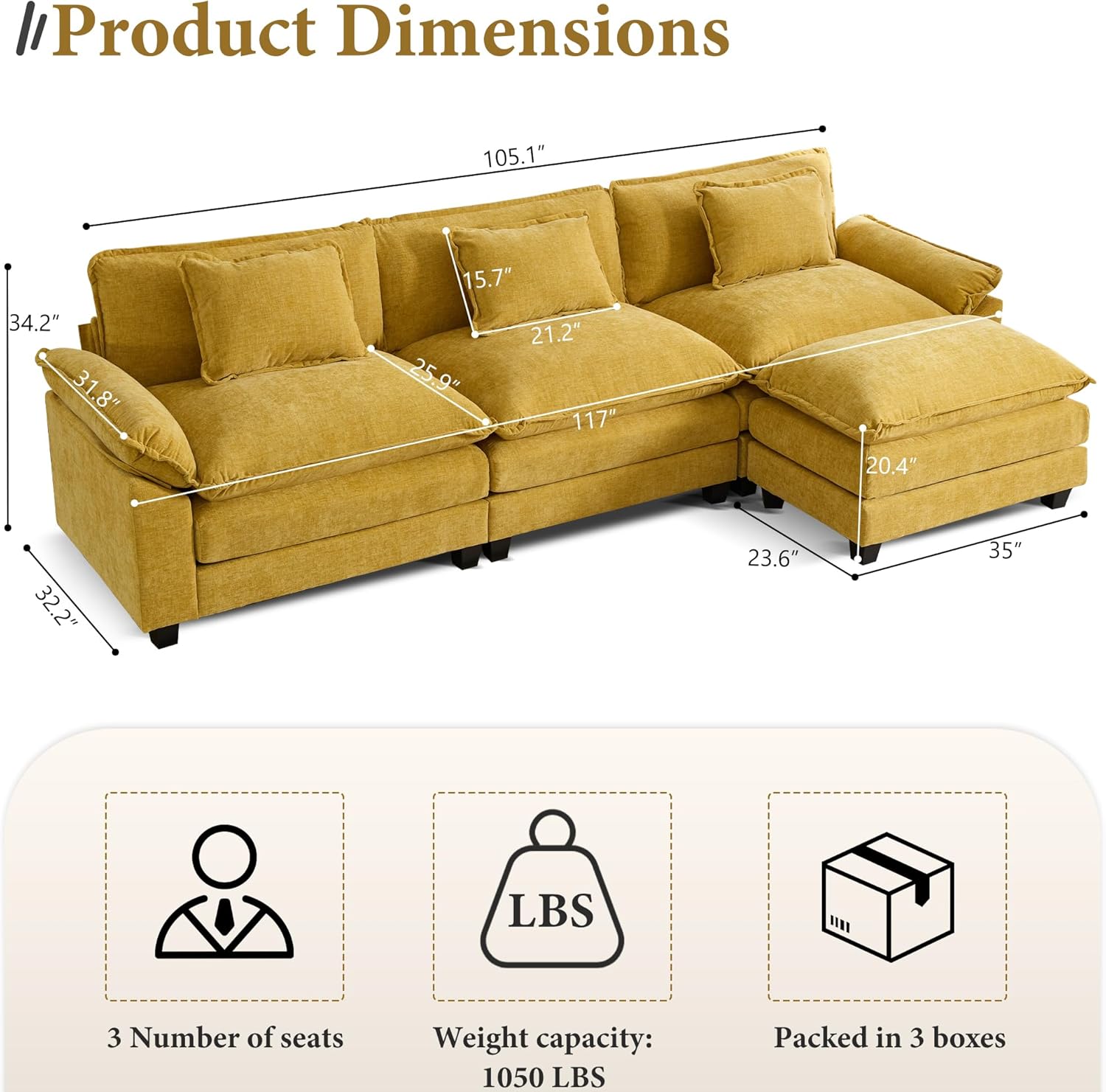URRED Modular Sectional Sofa Comfy Cloud Couch, Modern Chenille Sofa Sleeper Deep Seat Couches with