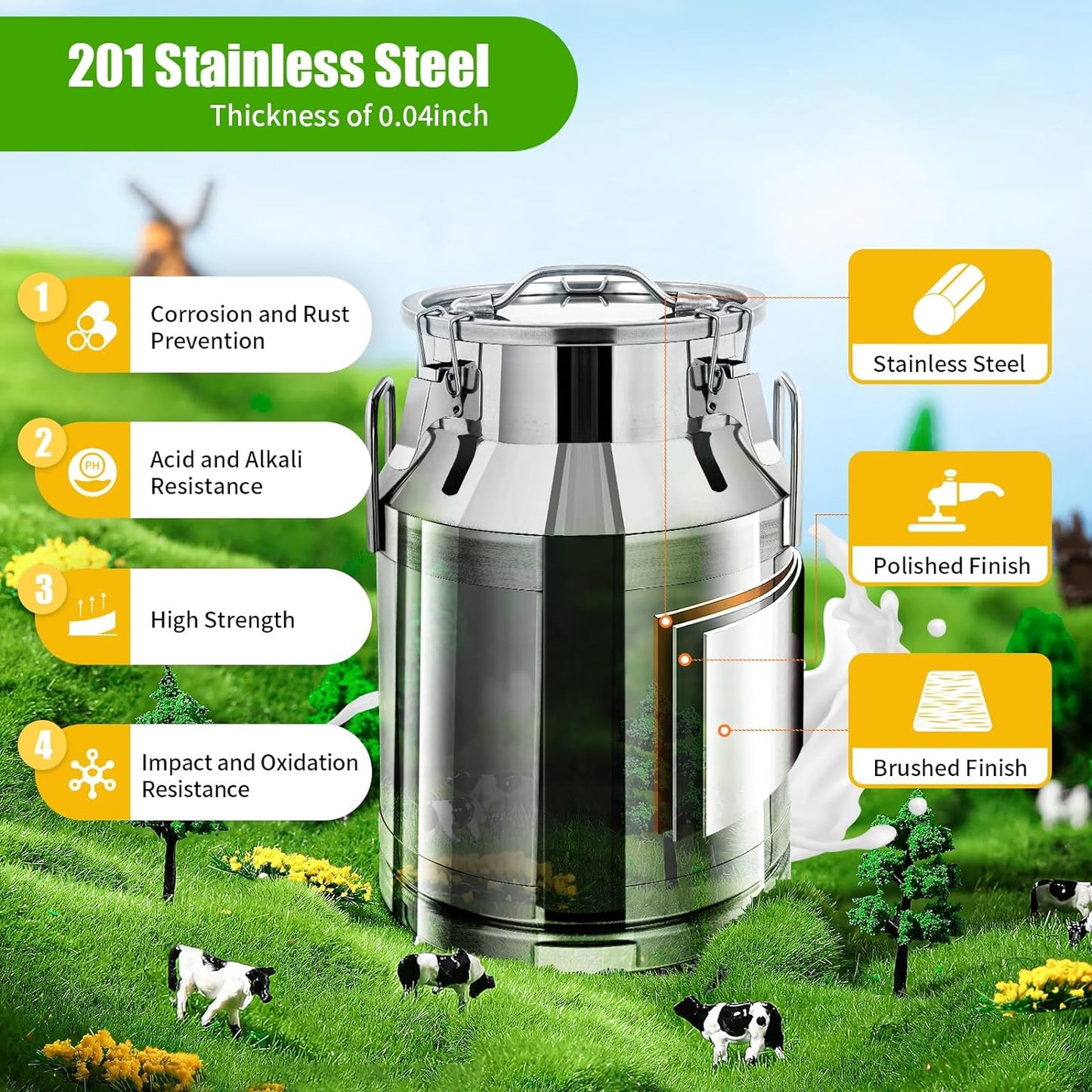 Stainless Steel Milk Can, 30L/7.9 Gallon Heavy Duty Airtight Storage Canister Milk Bucket with Lid