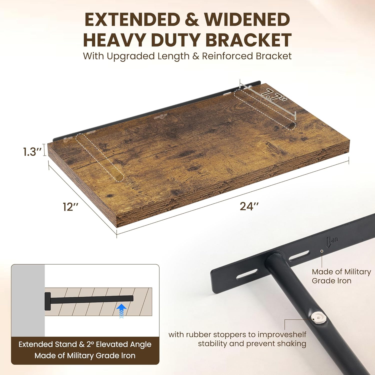 24" Floating Shelves for Wall, 12" Deep Slim Rustic Brown Floating Shelves, Wall-Mounted Shelves