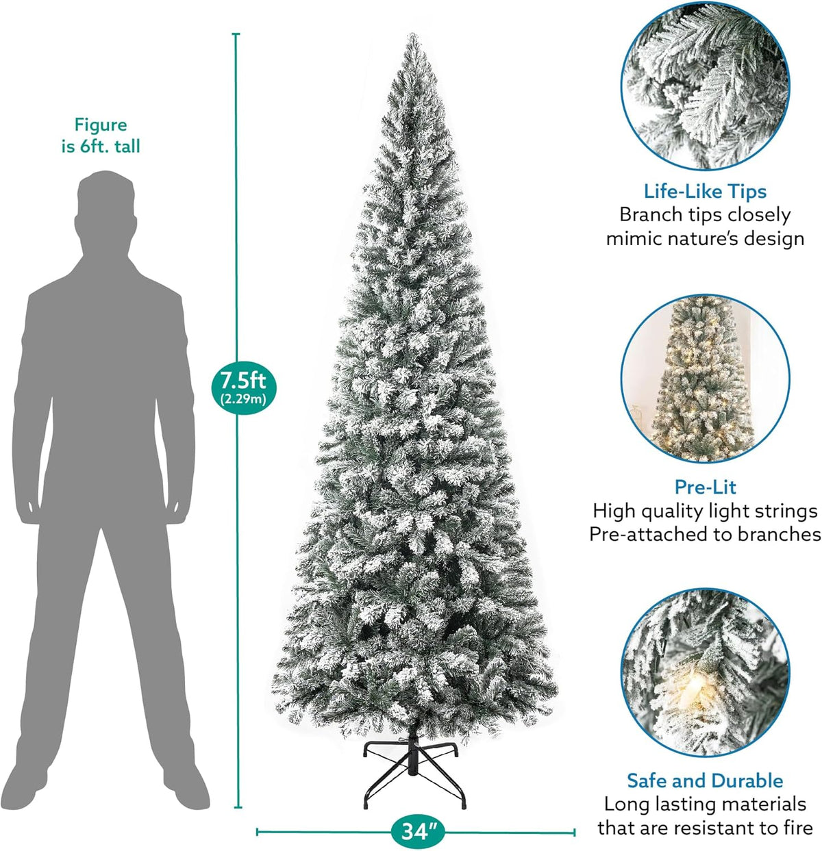 Naomi Home Salzburg 7.5ft Frosted Prelit Slim Artificial Christmas Tree with 1102 Branch Tips, 350