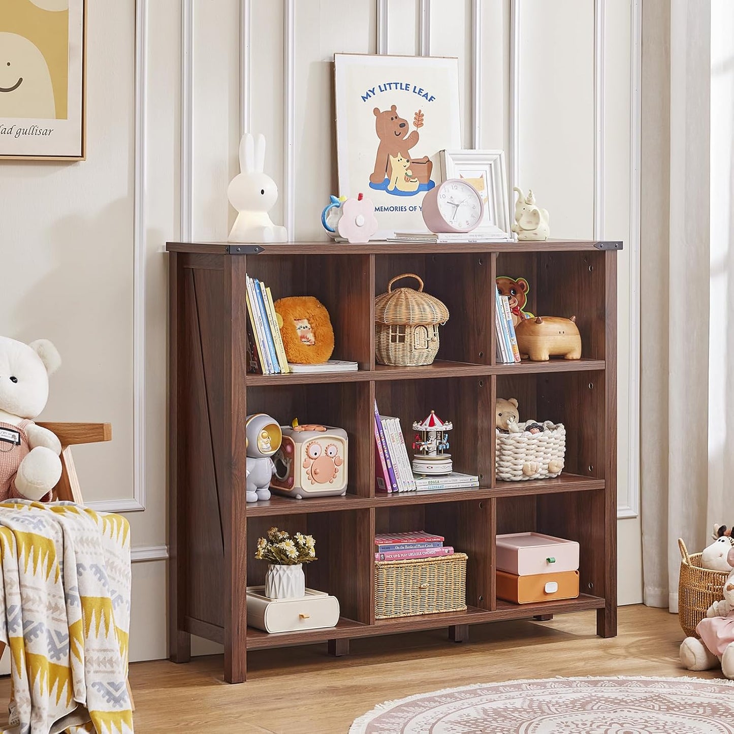 9 Cube Bookcase, Farmhouse 47 Inch Wide Brown Walnut Bookshelf, Wooden 3 Tier Display Large Open