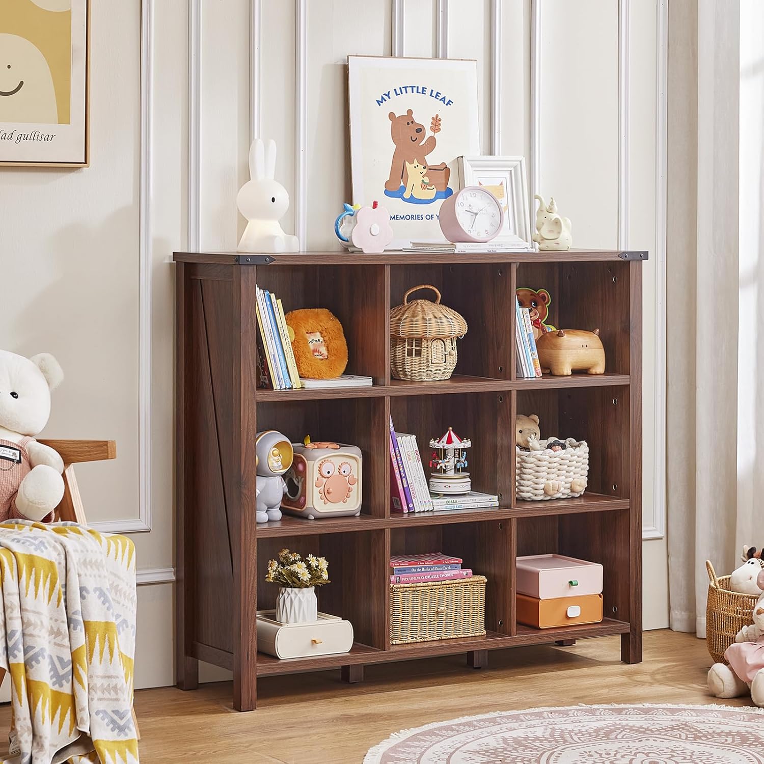 9 Cube Bookcase, Farmhouse 47 Inch Wide Brown Walnut Bookshelf, Wooden 3 Tier Display Large Open