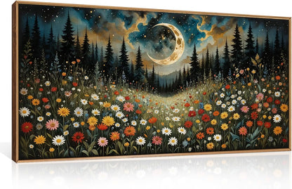 HPINUB Wildflower Moon Pine Tree Framed Canvas Wall Art Set,Nature Forest Wall Decor,Mystical