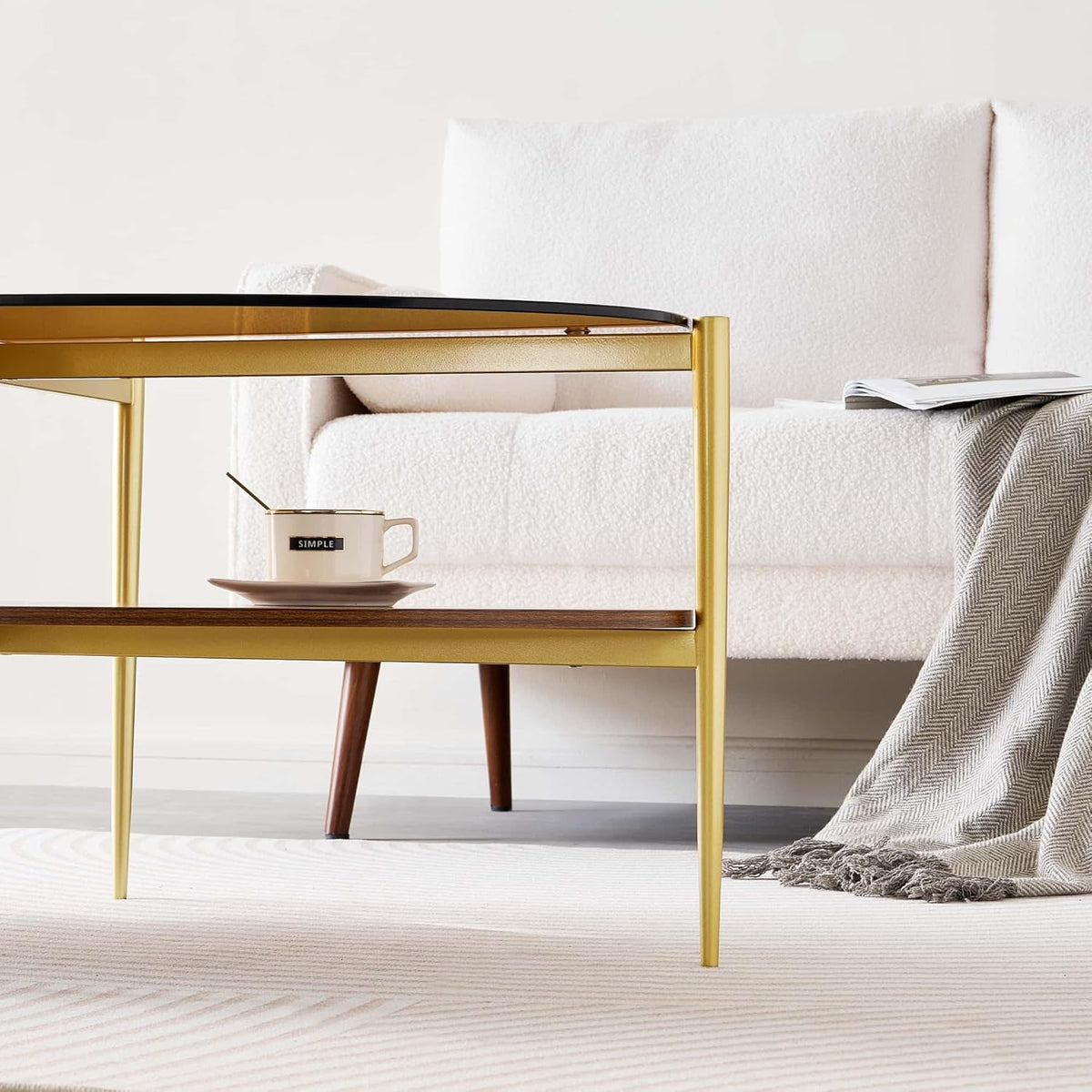 Oval Glass Coffee Table, Mid-Century Modern Design, L43 x W22 x H17 inch, 2-Tier Structure, Olive
