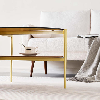 Oval Glass Coffee Table, Mid-Century Modern Design, L43 x W22 x H17 inch, 2-Tier Structure, Olive