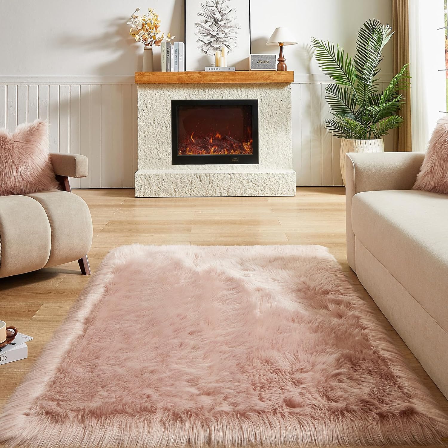 AMTOVO Faux Fur Sheepskin Rug for Living Room, 4 x 6 ft Pink Fluffy Area Rug for Bedroom, Playroom