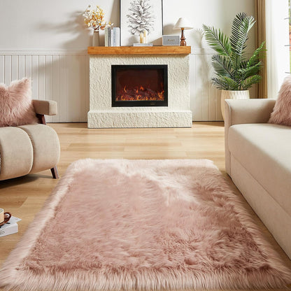 AMTOVO Faux Fur Sheepskin Rug for Living Room, 4 x 6 ft Pink Fluffy Area Rug for Bedroom, Playroom
