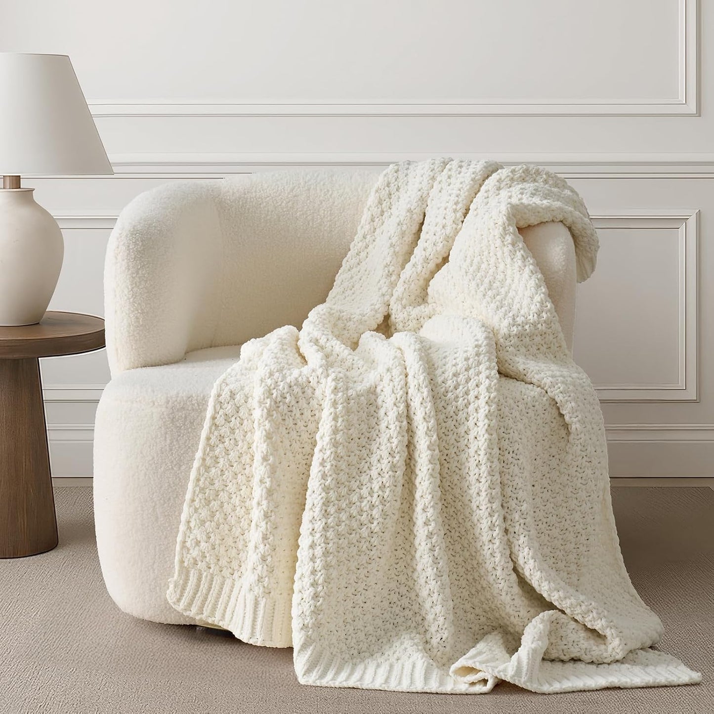 Chunky Chenille Knit Throw Blanket for Couch, Soft Luxurious Moss Stitch Blankets for Bed, Cozy