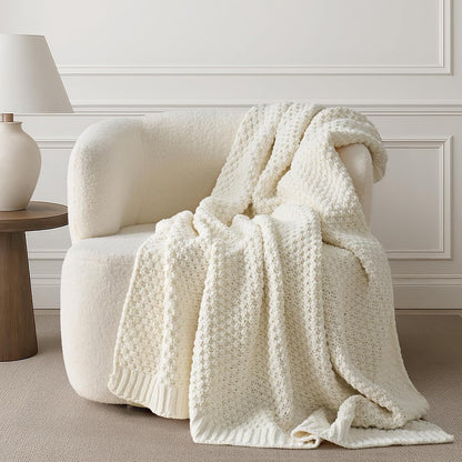 Chunky Chenille Knit Throw Blanket for Couch, Soft Luxurious Moss Stitch Blankets for Bed, Cozy