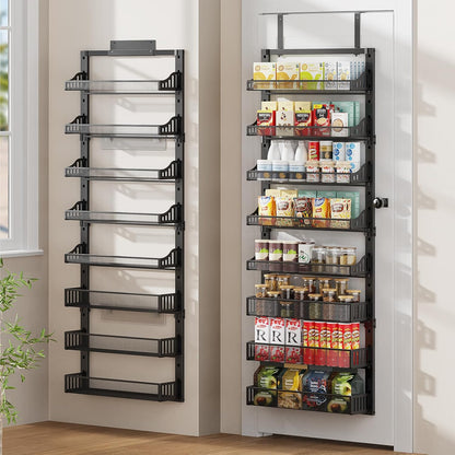 8-Tier Over the Door Pantry Organizer, Large Metal Door Spice Rack with Adjustable Basket, 2 in 1