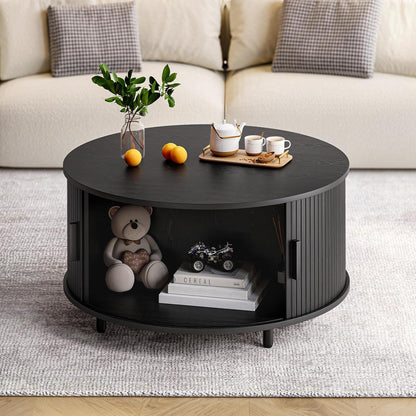 Round Coffee Table with Storage, 31.5" Modern Coffee Table with 360° Curved Sliding Door, Fluted