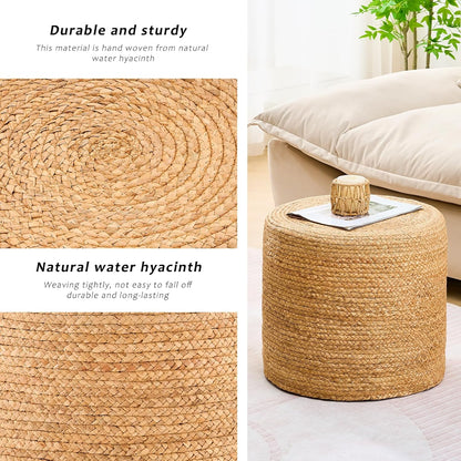Handwoven Ottoman Pouf, Natural Water Hyacinth Footstool, Round Braided Outdoor Seat with Sturdy