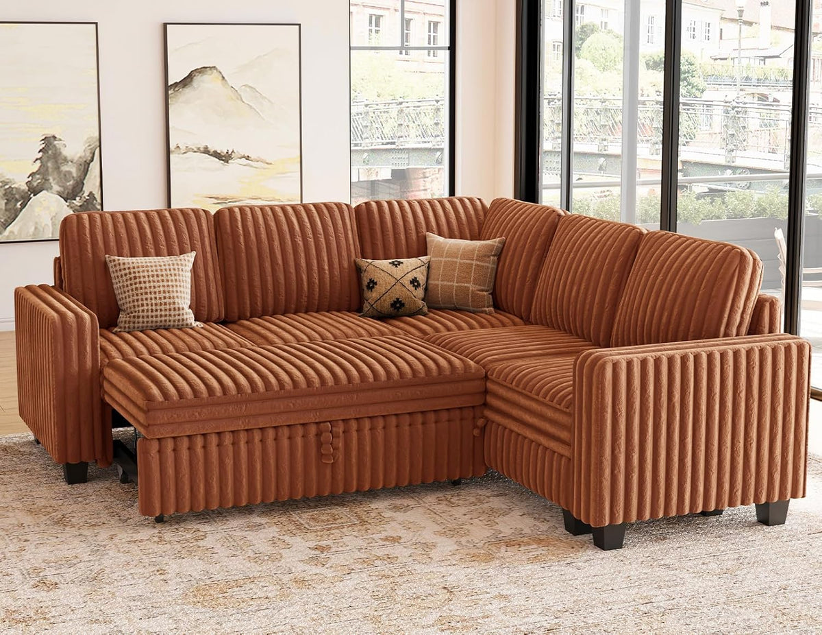 Belffin Plush Corduroy Modular Sectional Sofa with Pull Out Bed Convertible Small Sectional Corner