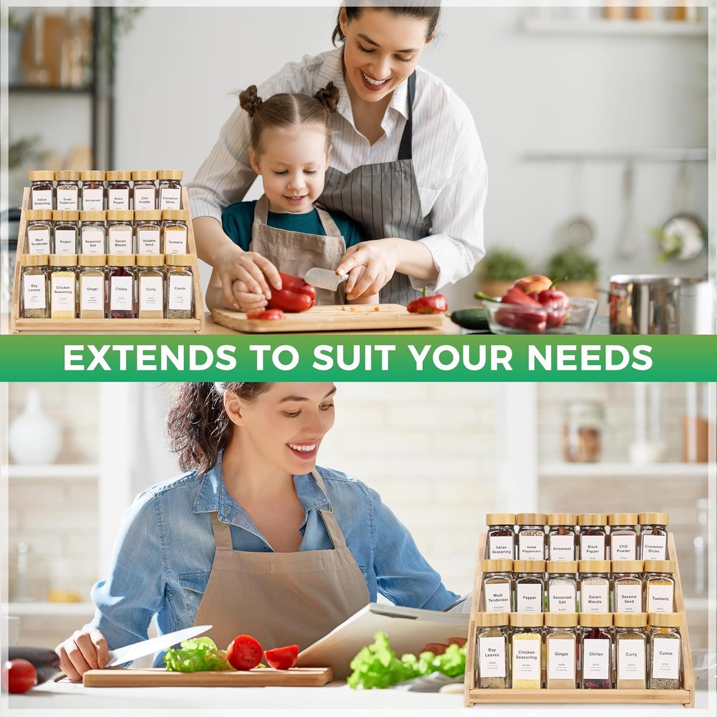 3-Tier Natural Bamboo Spice Rack Organizer - for Kitchen Cabinets, Countertops & Pantries