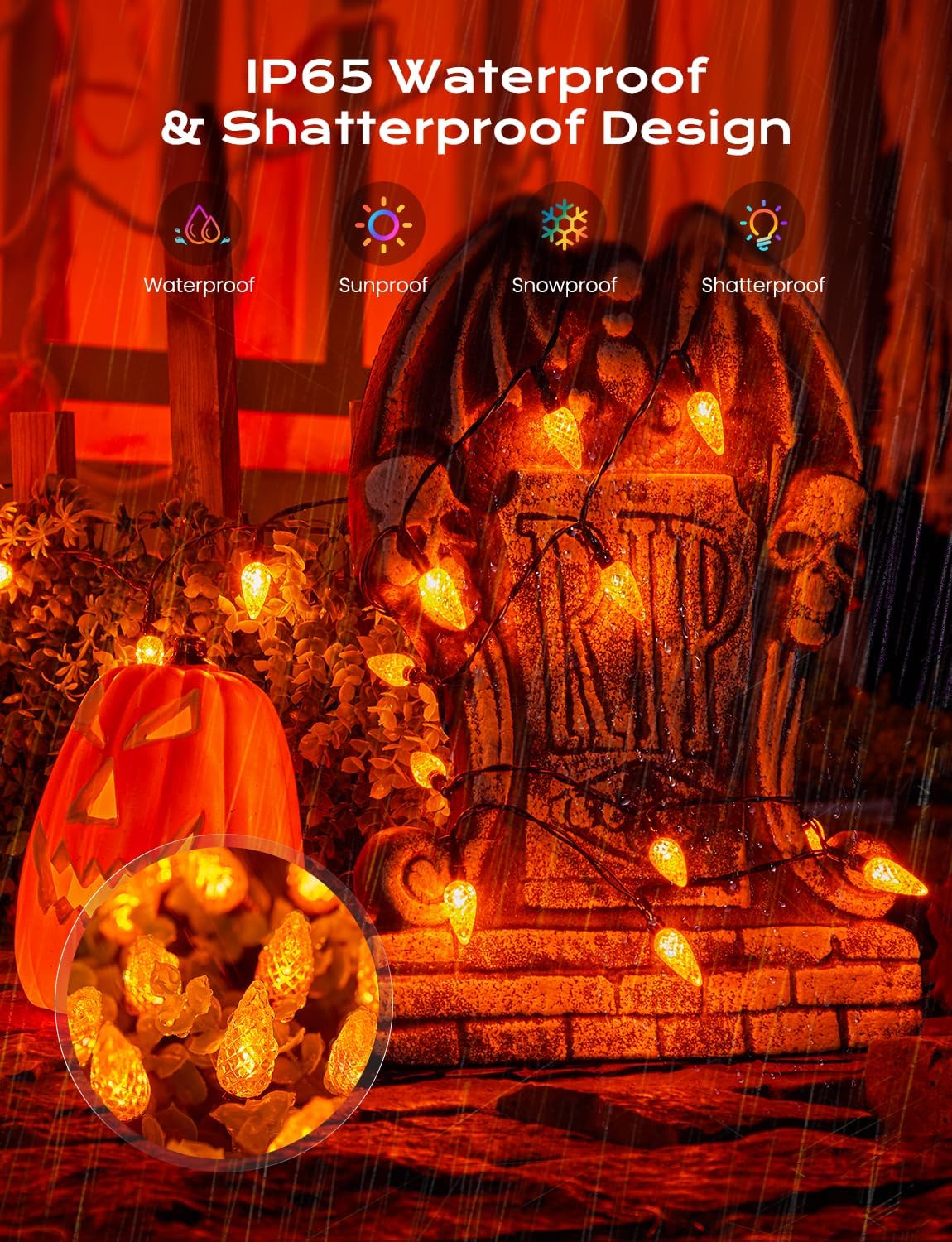 Brightown Solar Operated C6 Halloween Outdoor Lights, 22.64ft 50 LEDs Orange Halloween Lights