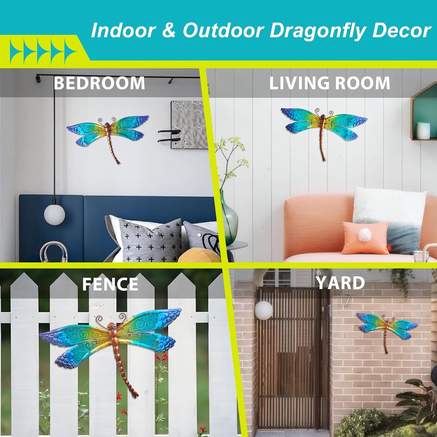 POXOHO Handmade Metal and Glass Dragonfly Wall Decor - Outdoor Garden Fence Art - 15 * 8.6 inches