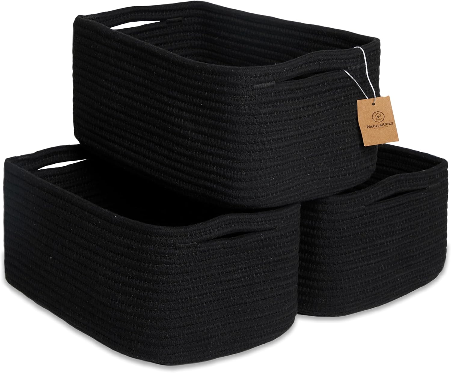 NaturalCozy 13.5”x8.5”x5.5” Rectangle Storage Baskets for Shelves 3 Pack | Cotton Rope Woven Small