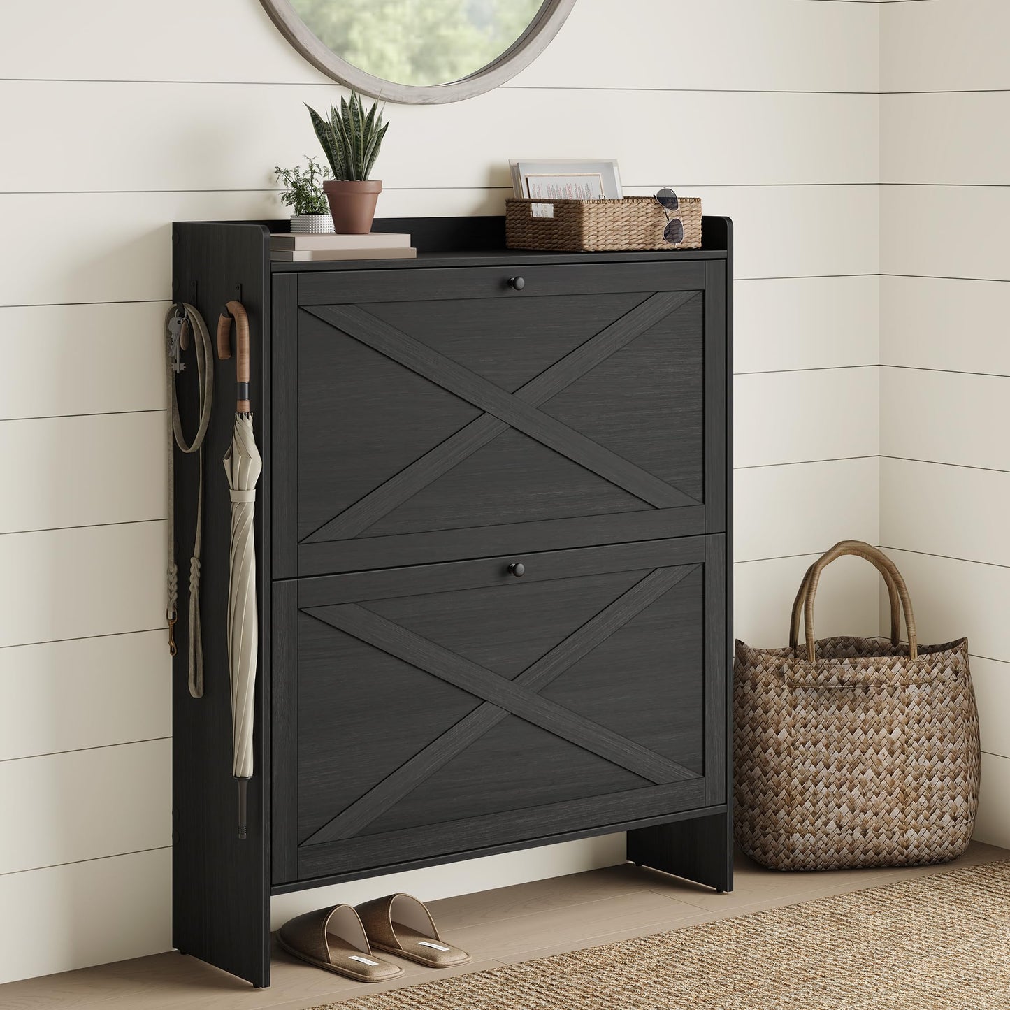 VASAGLE Narrow Shoe Storage Cabinet Organizer with 2 Flip Drawers