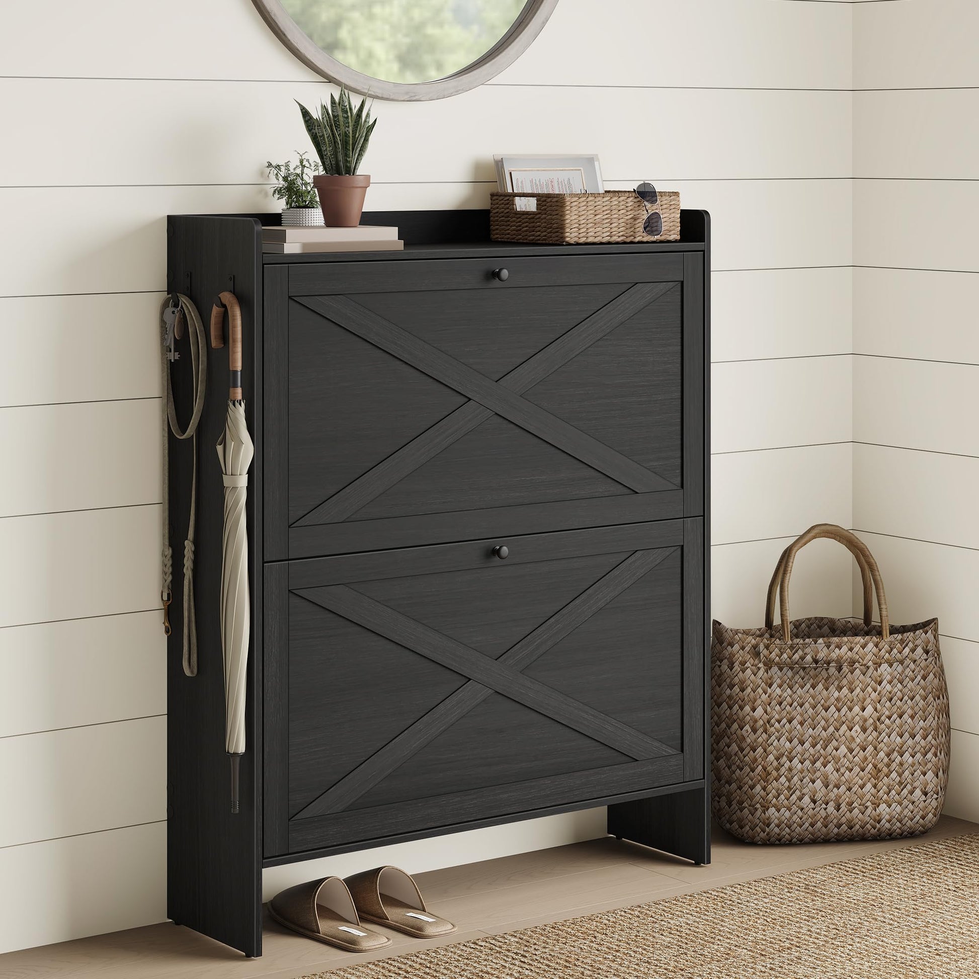 VASAGLE Narrow Shoe Storage Cabinet Organizer with 2 Flip Drawers