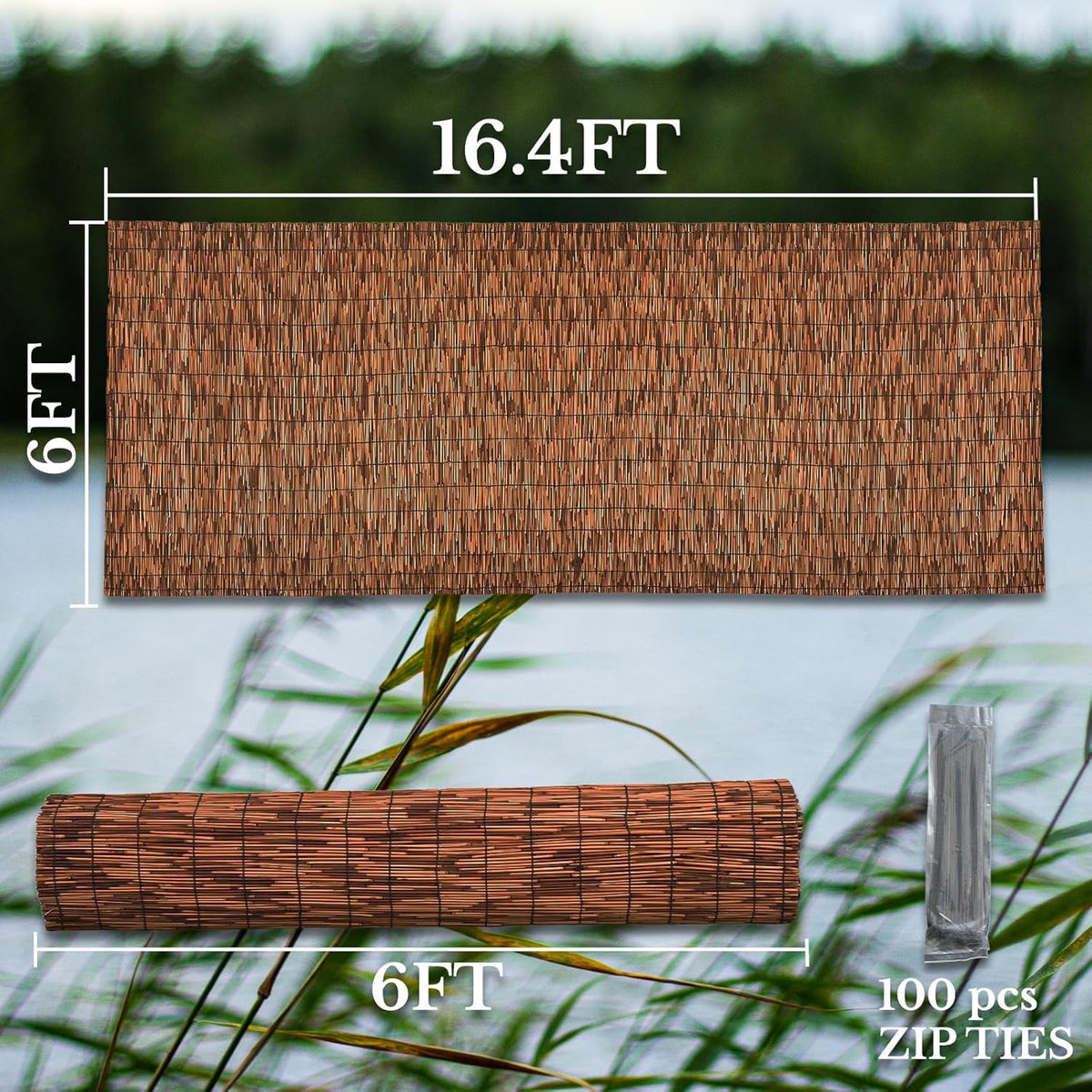 Brown 6FT X 16.4FT Reed Fencing Roll, Balcony Privacy Reed Shade Bamboo Fencing Garden Fence