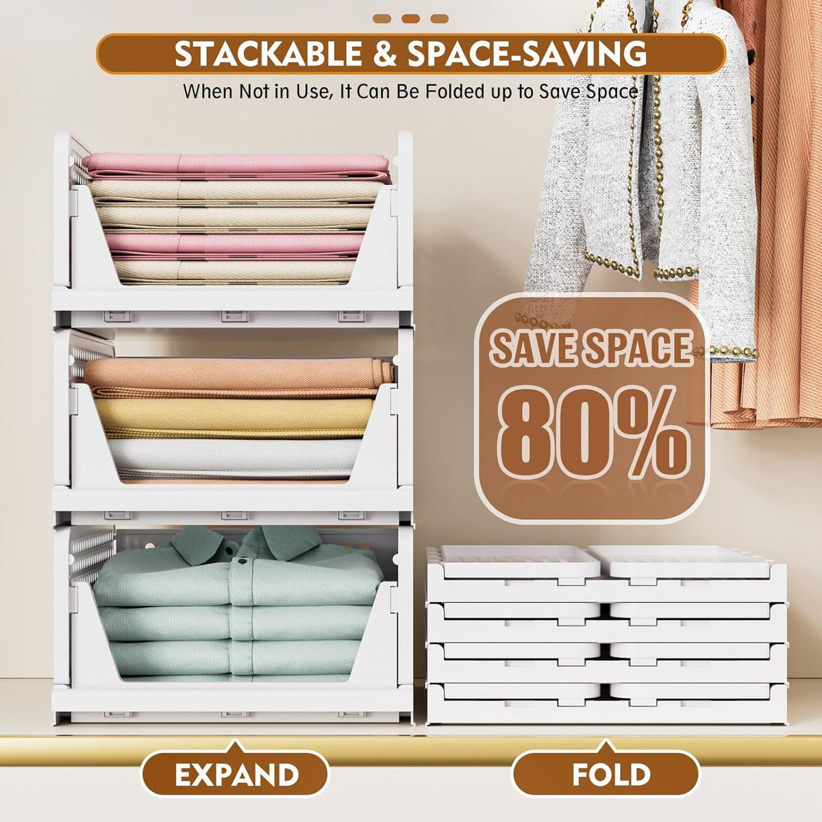 SNSLXH 5 Pack Stackable Closet Organizer Box, Multifunctional & Foldable Closet Storage Basket for