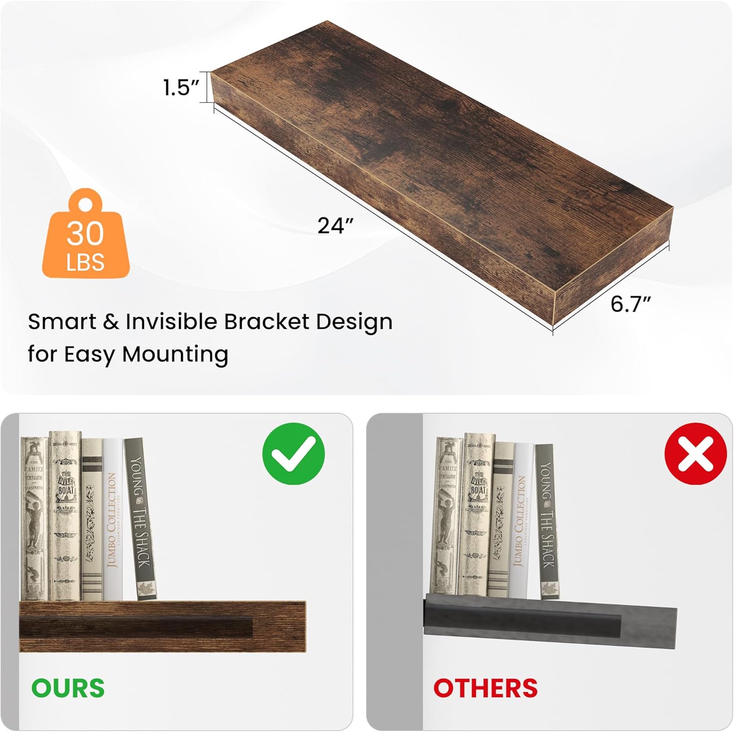 Floating Shelves for Wall, 24"W x 6.7"D x 1.5"H, Wooden Wall Mounted Display Shelf with Invisible