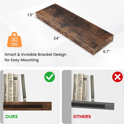 Floating Shelves for Wall, 24"W x 6.7"D x 1.5"H, Wooden Wall Mounted Display Shelf with Invisible