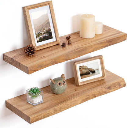 Floating Shelves for Wall Decor, Rustic Solid Elm Wood Live Edge Floating Shelves Wall Mounted