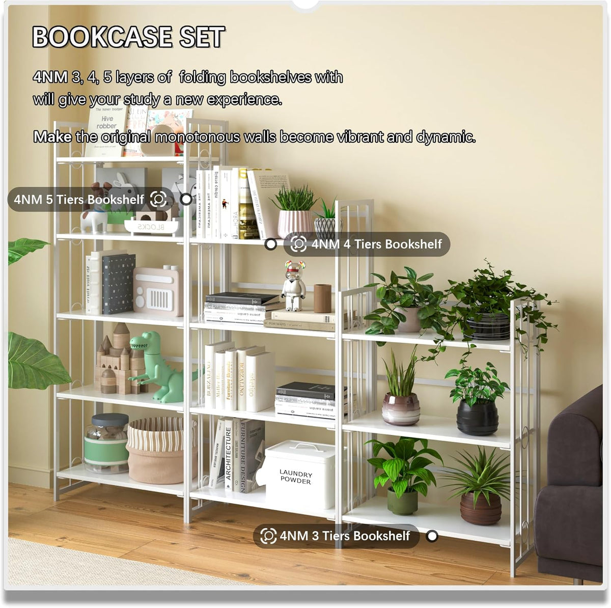 4NM No Assembly 4 Tiers Folding Bookshelf, 47.2" H Foldable Storage Shelves Vintage Bookcase