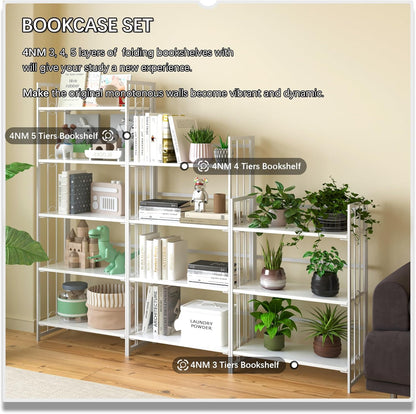 4NM No Assembly 4 Tiers Folding Bookshelf, 47.2" H Foldable Storage Shelves Vintage Bookcase