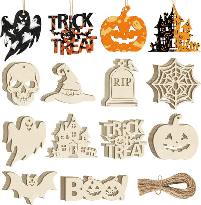 80PCS Wooden Halloween Ornaments to Paint Fall Decorations,10 Styles DIY Blank Autumn Unfinished