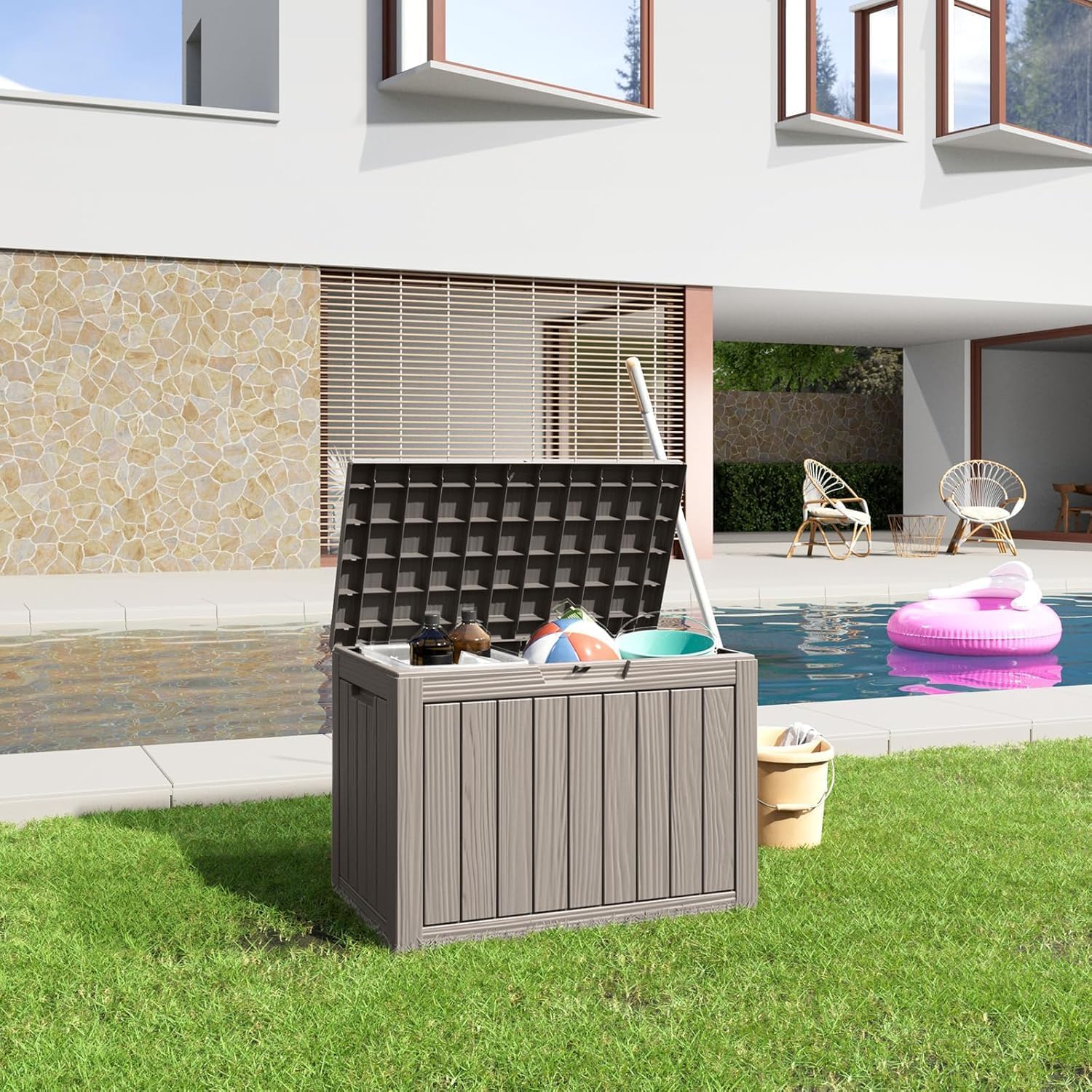 45 Gallon Deck Box,Resin Outdoor Storage Box with Lockable for Patio Furniture, Pool Accessories