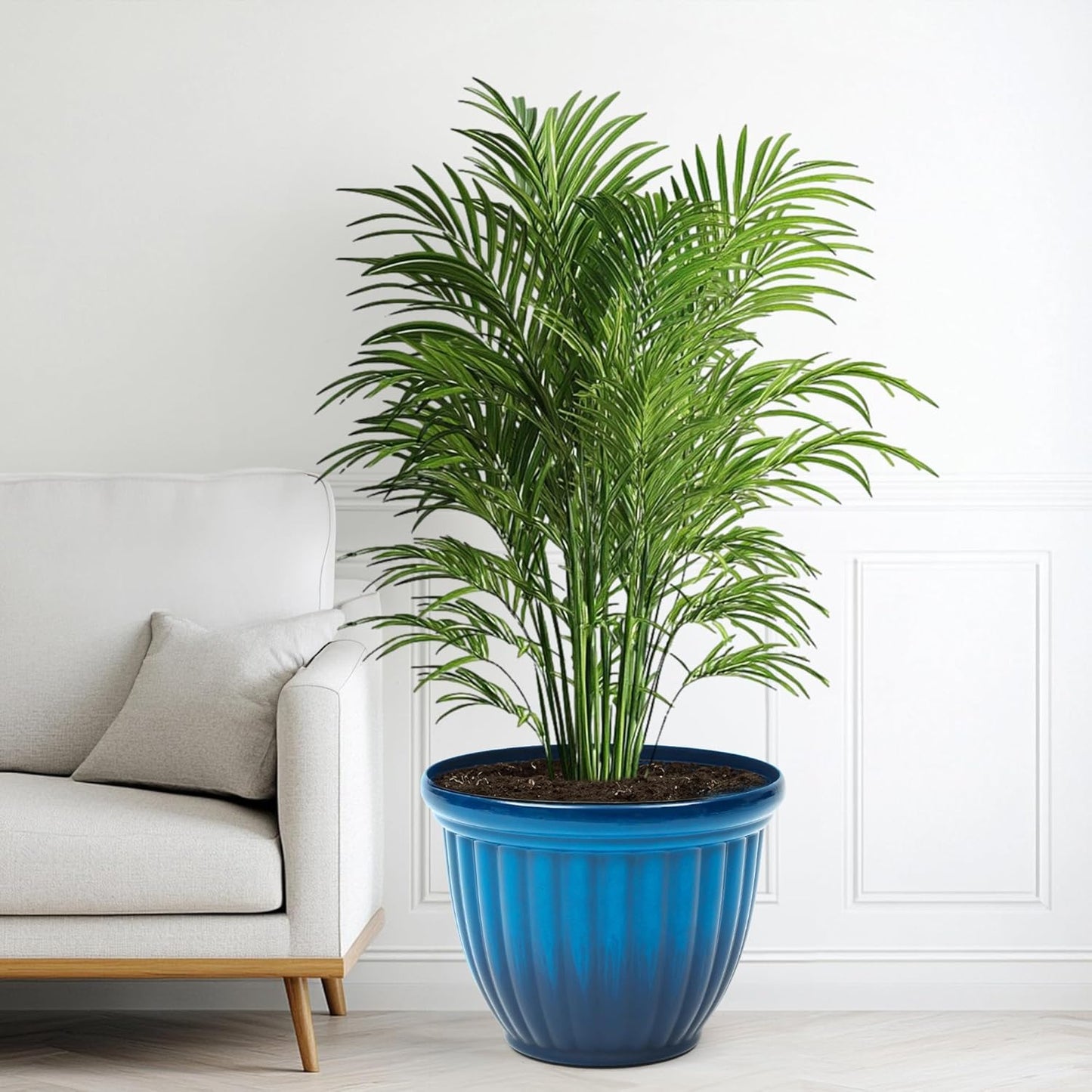 15" H Large Flower Pots, Set of 2 Plastic Planters for Outdoor Plants with Gradient Blue Finish and