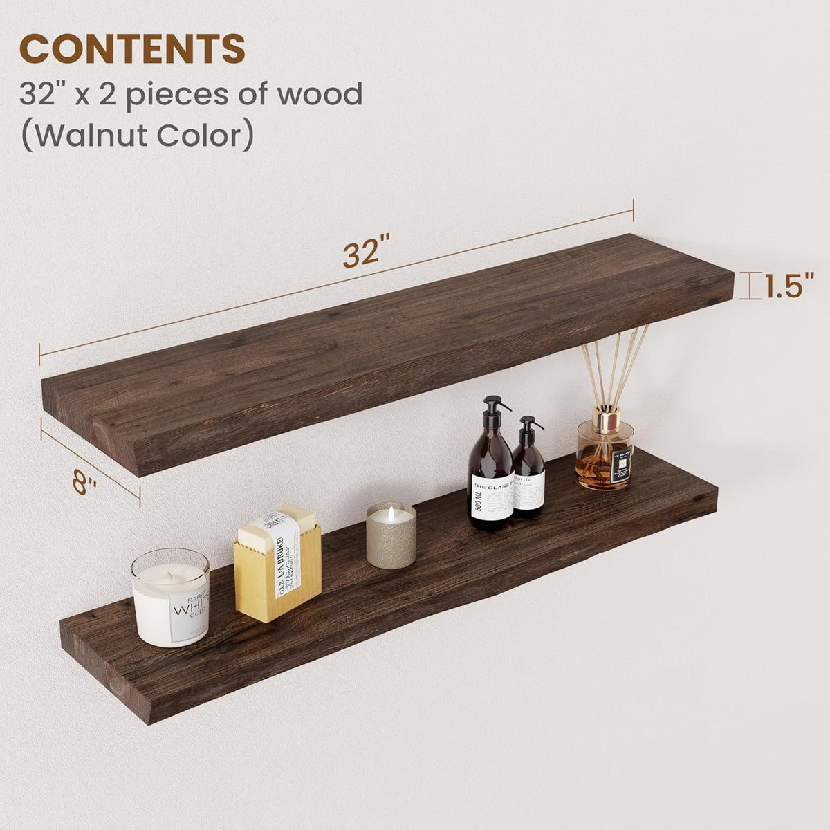 Floating Shelves for Wall Decor, Rustic Solid Elm Wood Live Edge Floating Shelves Wall Mounted