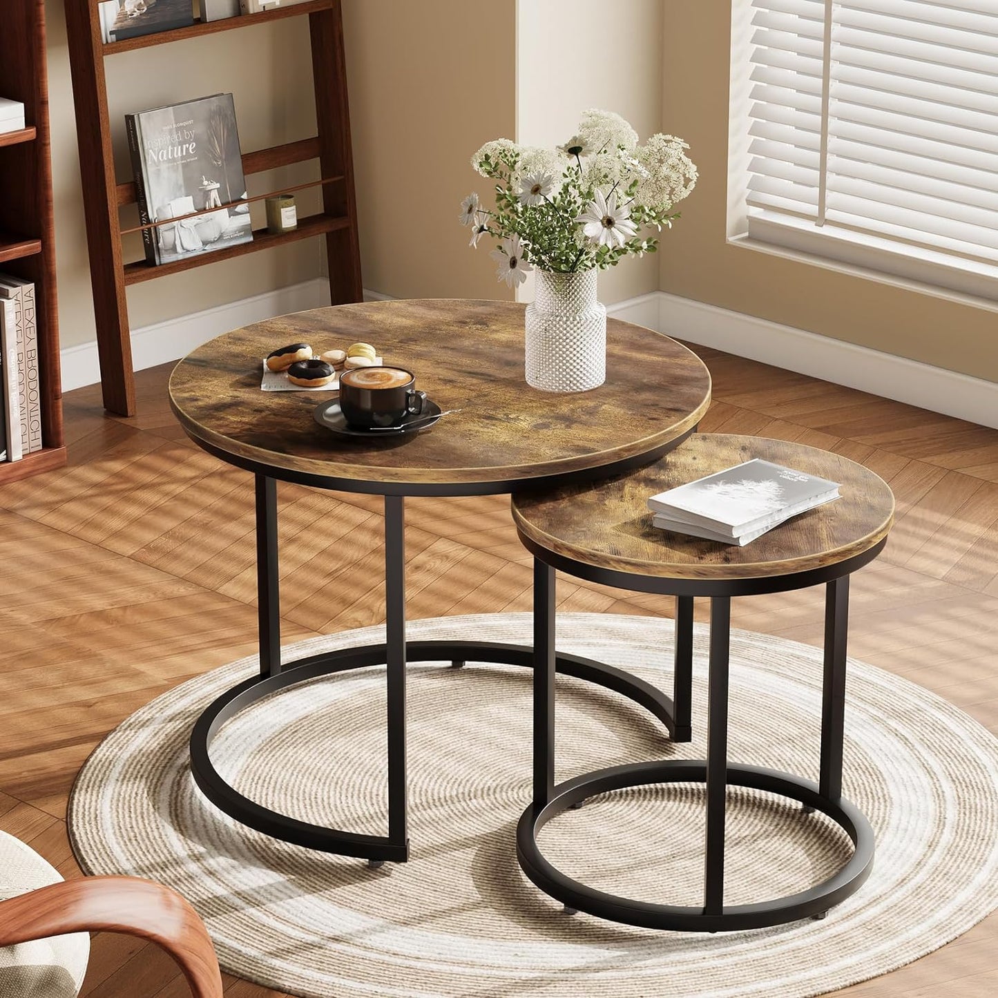 Smuxee Nesting Coffee Table Set of 2, 23.6" Round Coffee Table Rustic Wood Top with Adjustable