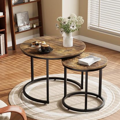 Smuxee Nesting Coffee Table Set of 2, 23.6" Round Coffee Table Rustic Wood Top with Adjustable
