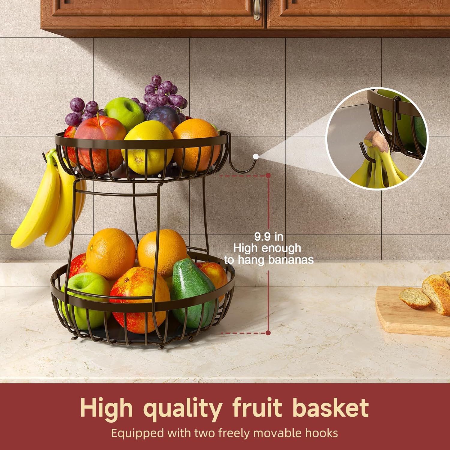 2 Tier Fruit Basket for Kitchen Counter with 2 Banana Hangers, Metal Stackable Fruit Bowl for