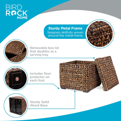 BIRDROCK HOME Storage Cube Box with Lid - Brown Wash Seagrass - Large Hand Woven Floor Container