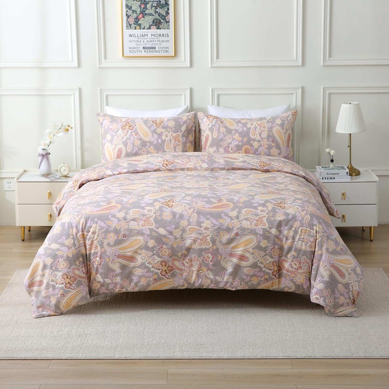 ABREEZE Paisley Bedding Sets 3Pcs Brushed Cotton Duvet Cover Set Queen Size Rustic Damask Gold