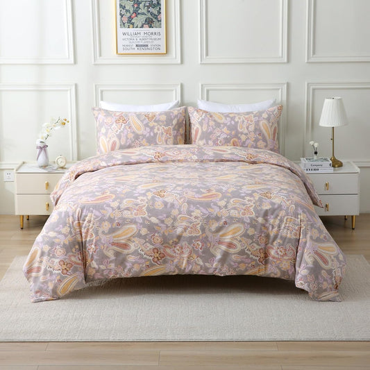 ABREEZE Paisley Bedding Sets 3Pcs Brushed Cotton Duvet Cover Set King Size Rustic Damask Gold