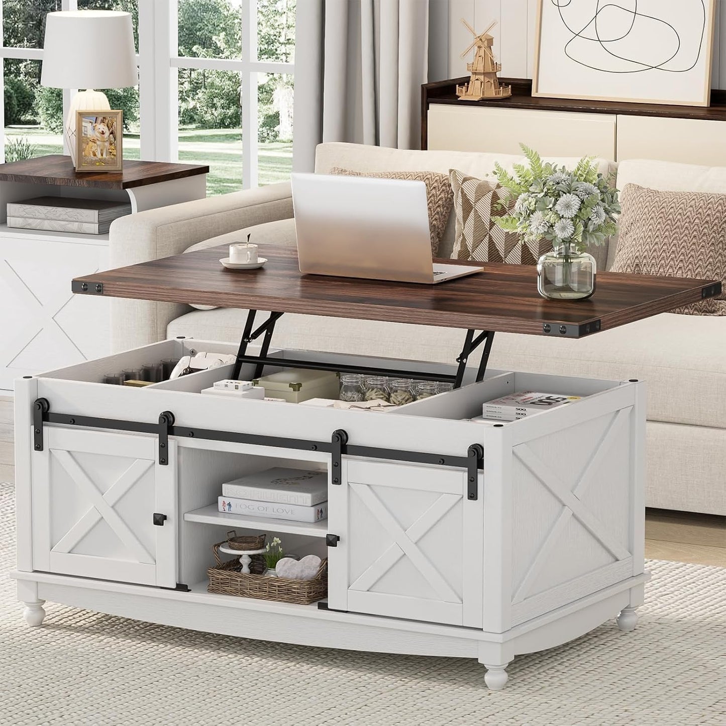 48" Farmhouse Lift Top Coffee Table with Storage Sliding Barn Door & Large Hidden Compartment