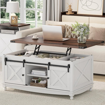 48" Farmhouse Lift Top Coffee Table with Storage Sliding Barn Door & Large Hidden Compartment