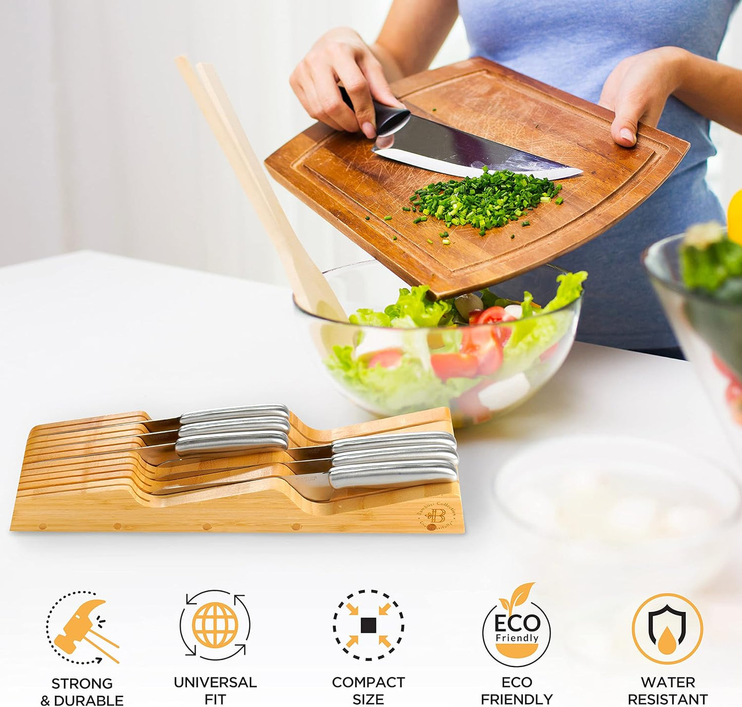 In-Drawer Knife Block - Bamboo Knife Drawer Organizer for Kitchen - Fits 5 Long + 6 Short Knives