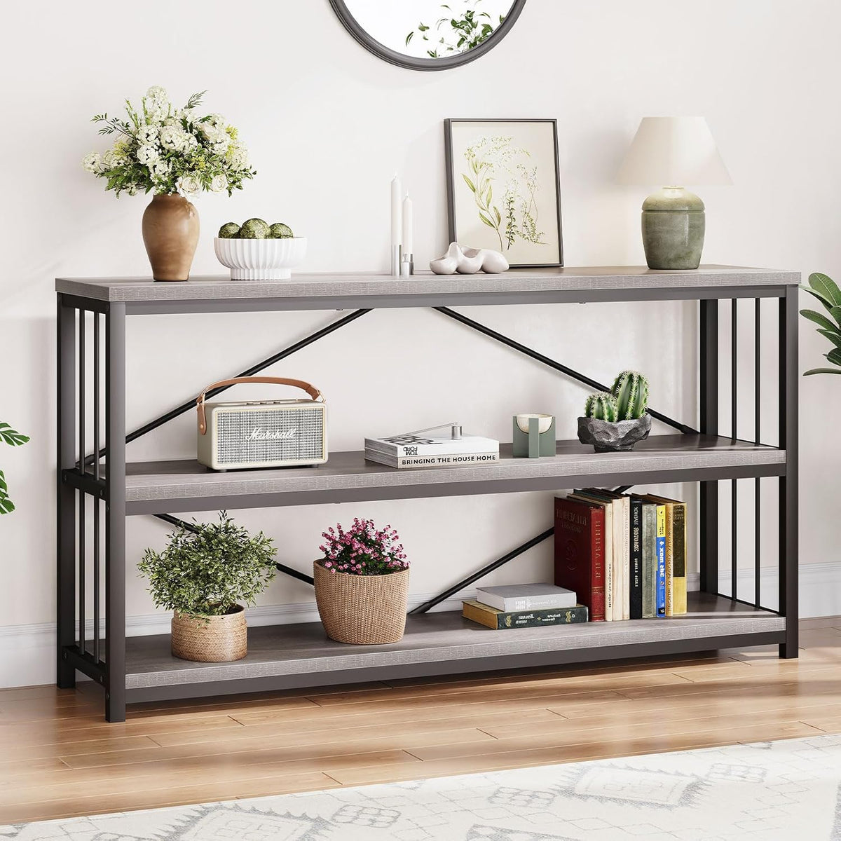 LVB Farmhouse Industrial Console Table, Wood Metal Foyer Entryway Sofa Tables with Storage, 3 Tier