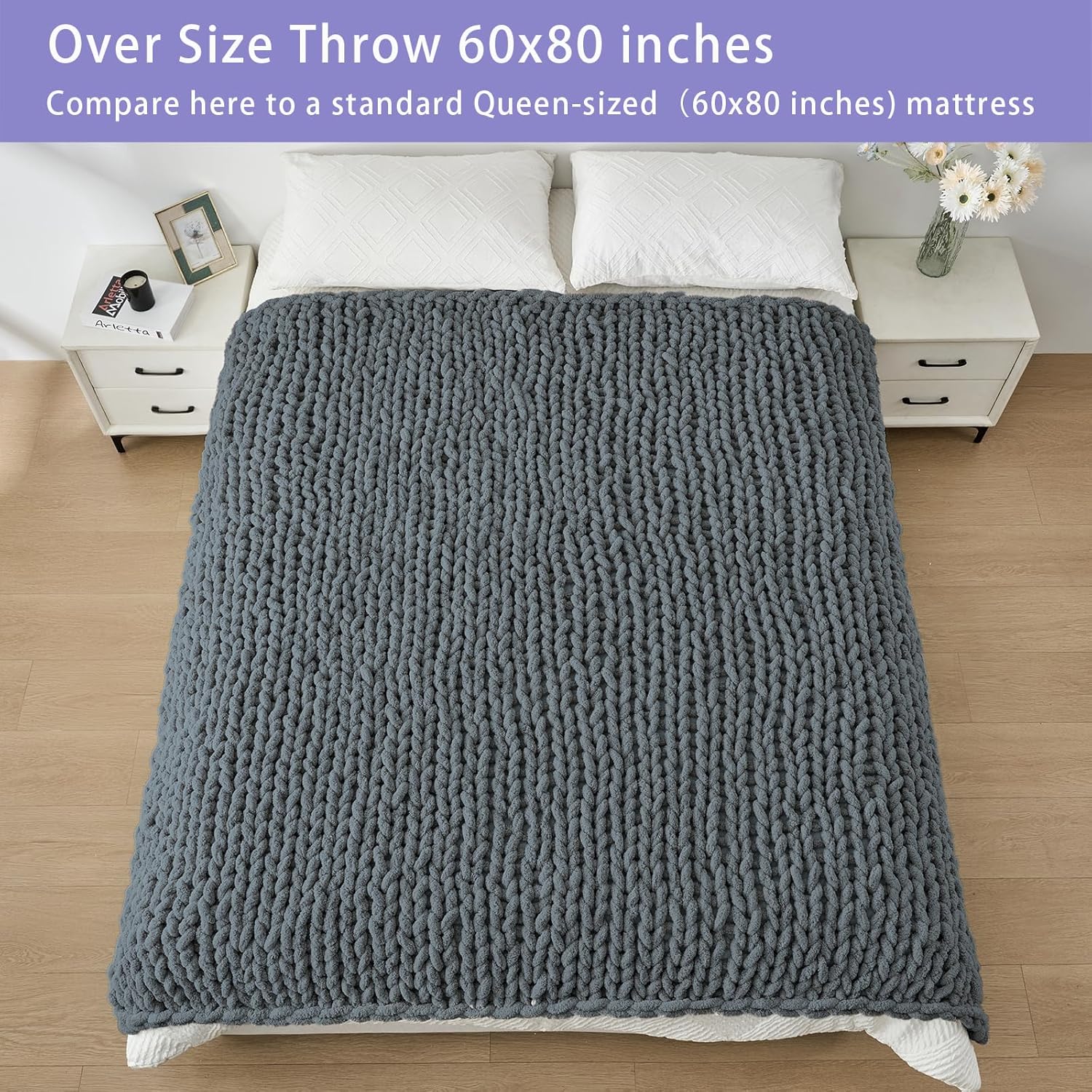 Bigacogo Chunky Knit Throw Blanket for Couch, 60x80 inches, 100% Hand Knitted with Thick Jumbo