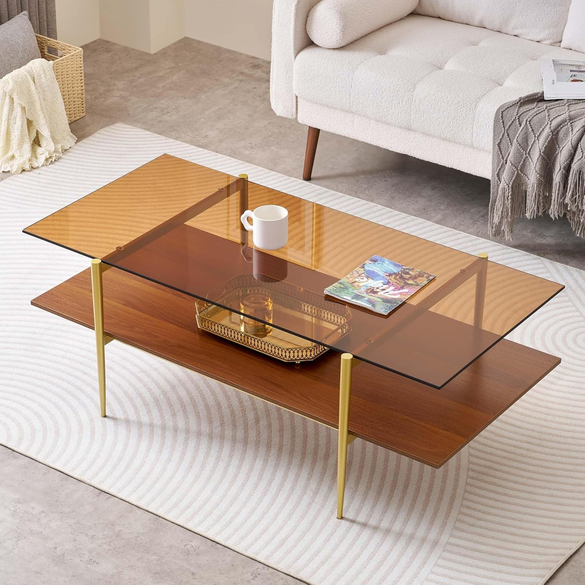 Extra Large Rectangle Glass Coffee Table, Mid-Century Modern Design for Living Room, L47 x W24 x