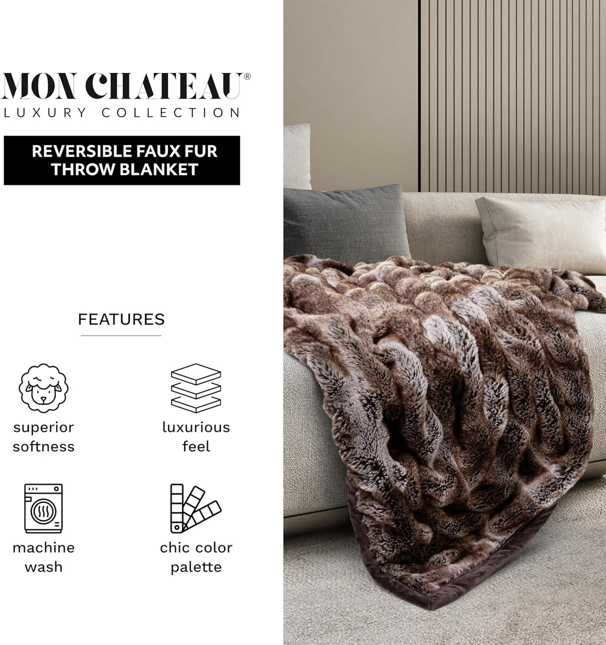 Mon Chateau Premium Reversible Luxury Faux Fur Throw for Couch, Sofa, or Bed - Plush Cozy Soft